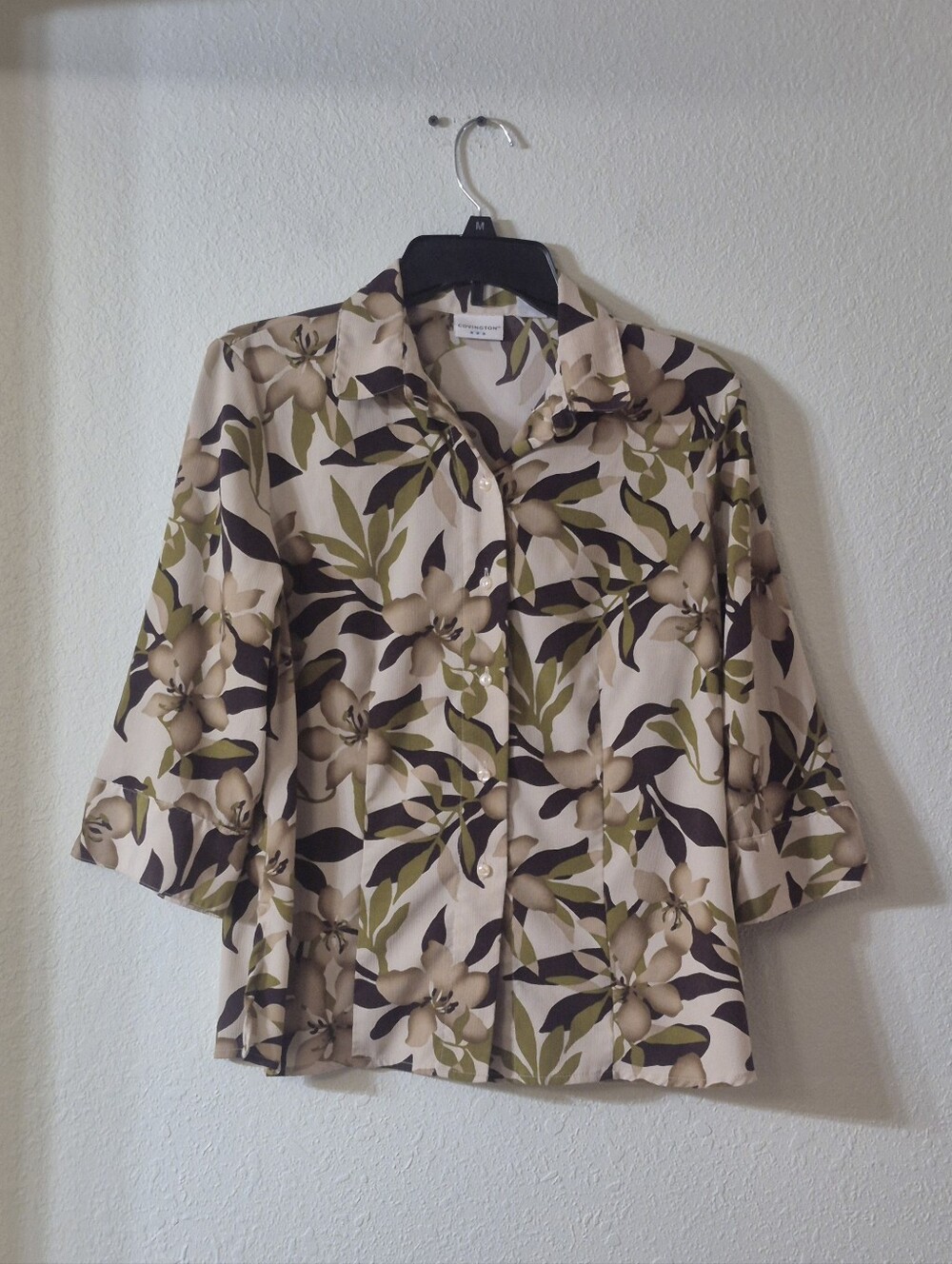 Covington Beige Floral Button-Down Shirt with Olive and Brown Leaves